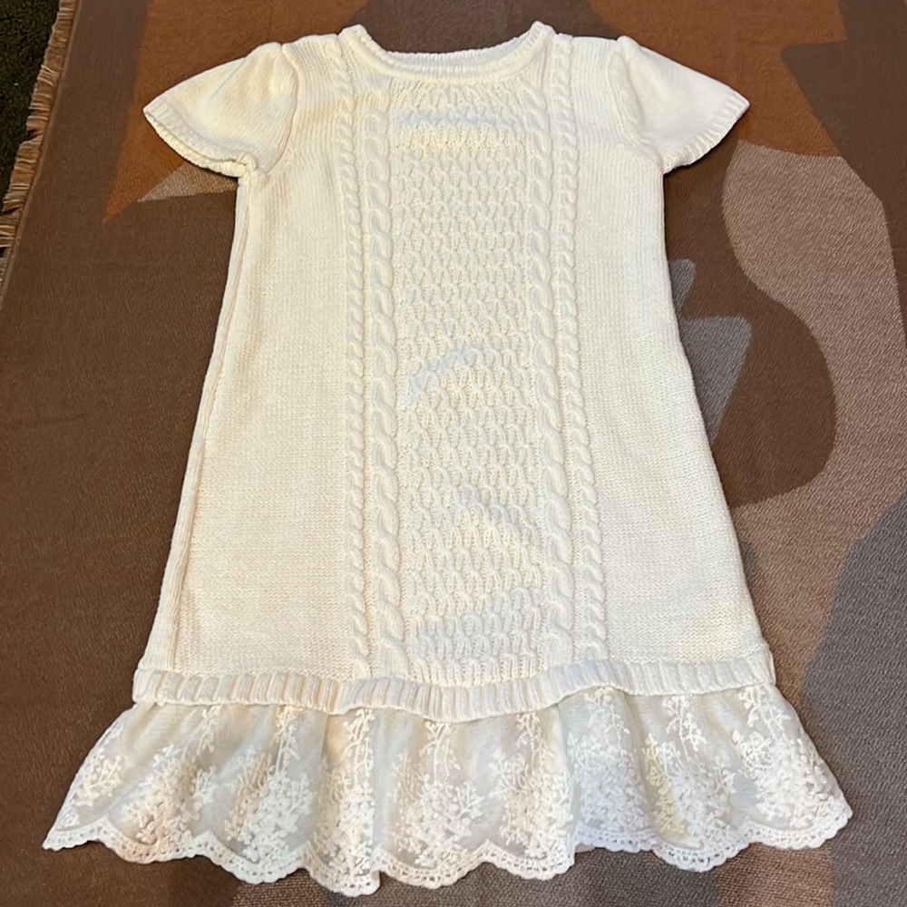 Girl’s knit sweater dress with lace trim hem